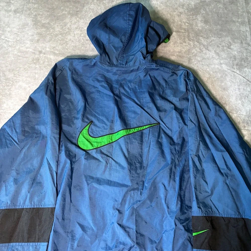 Vintage 90s Nike Windbreaker Jacket  Blue Green Big Swoosh Full Zip Hooded L